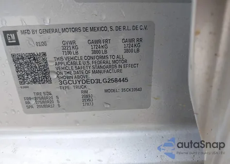 2020 Chevrolet Silverado 1500 4Wd Short Bed Lt из США, поврежденный, VIN 3GCUYDED3LG258445